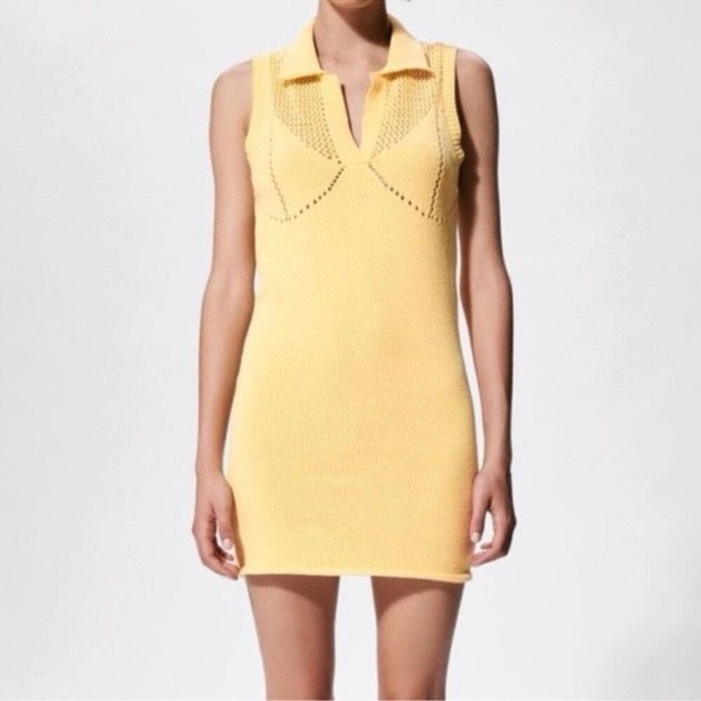 Zara yellow perforated chenille knit collared mini dress size medium